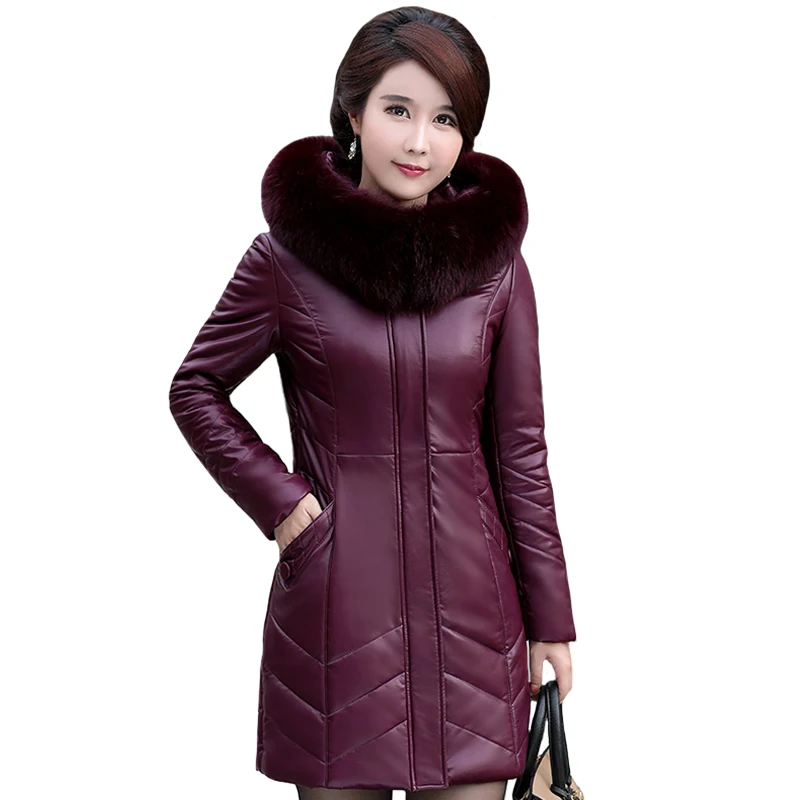 Зимняя кожаная куртка женская парка меховой воротник размера плюс 8XL зимняя