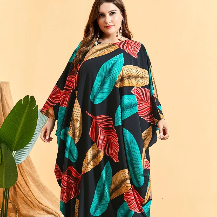 

2021 мусульманское Новое модное женское платье большого размера с рукавами летучая мышь плиссированные цветные с принтом листьев богемное п...