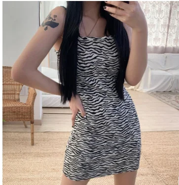 Женское платье на бретельках с принтом зебры летние сексуальные обтягивающие