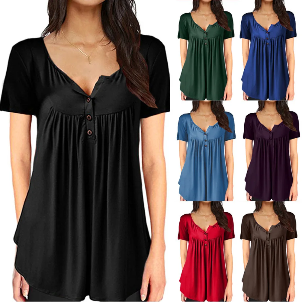 2021 Summer Short Sleeve Casual T-Shirt O-Neck Buttons Female Apring Solid Loose Tees Women Elegant Plain Tops 10 Colors | Женская