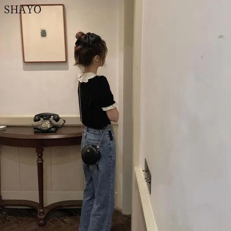 Женская летняя блузка с воротником Питер Пэн черные топы коротким рукавом