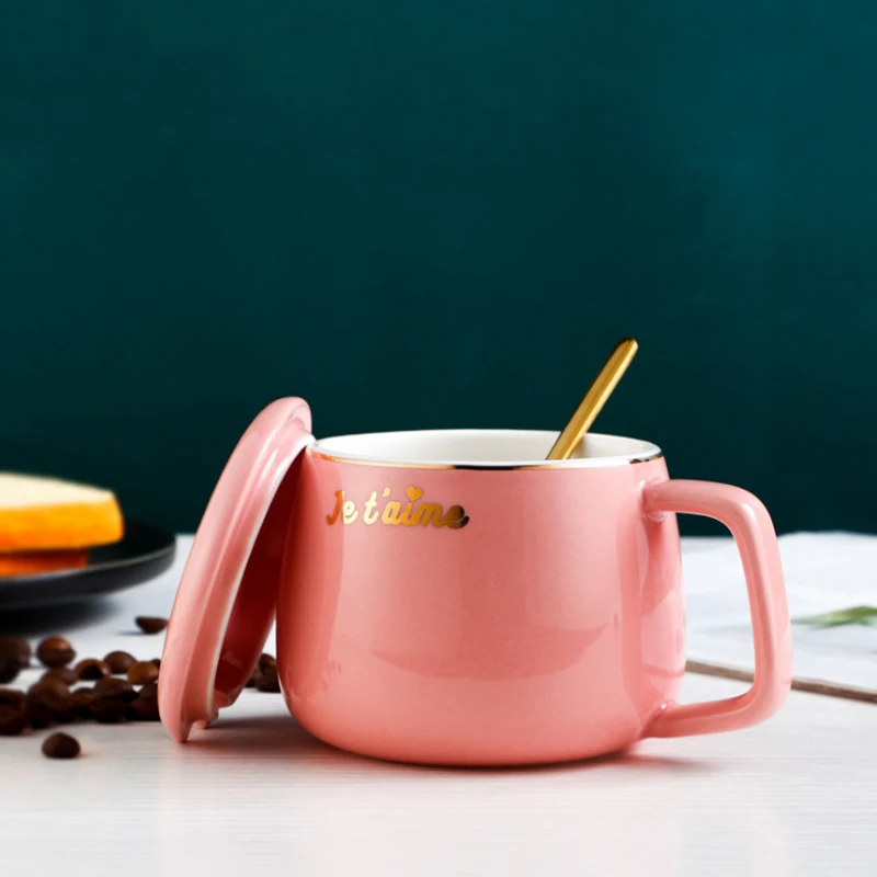 Симпатичные розовые керамические кофейные кружки с крышкой ложкой фарфоровой