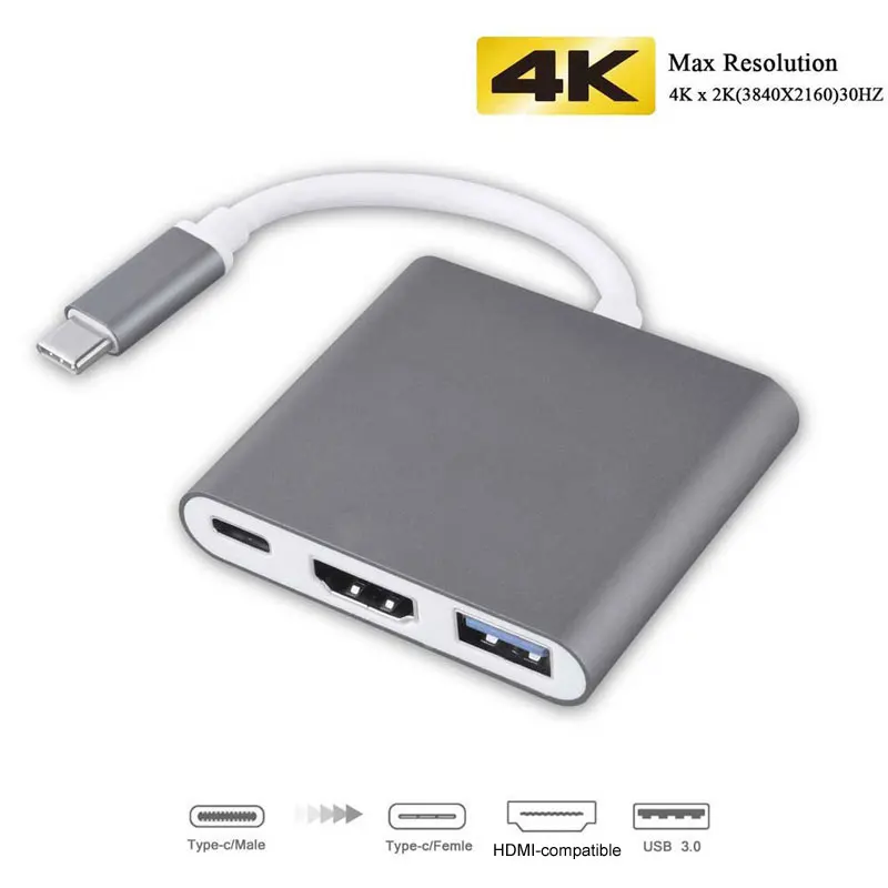 

Wholesale 10pcs/lot 3-in-1 USB C Hub with HDMI-compatible 4K Adapter with Type-C Power Delivery USB Hub 3.0 for MacBook Pro/Air