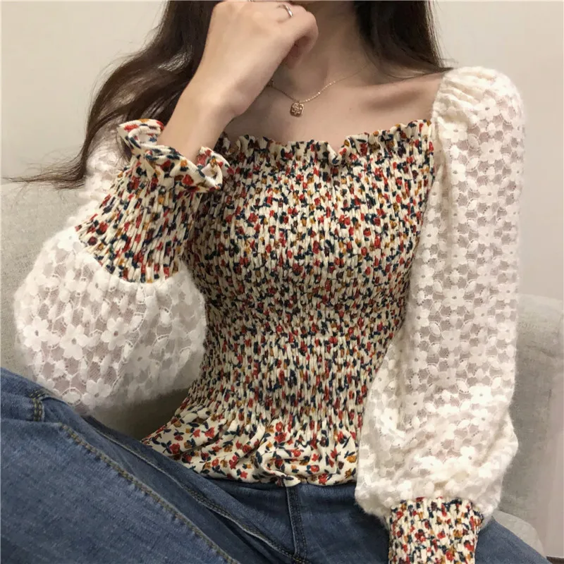 

KUSAHIKI Pleated Puff Sleeve Floral Blouse Women Korean Square Collar Shirt 2021 Spring New Slim Waist Ruffle Blusas Mujer 6F734