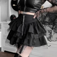 mall goth black pleated mini skirt women lace up dark academia aesthetic mesh patchwork vintage skirts harajuku punk emo style