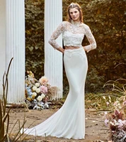 bohemian wedding dress 2020 mermaid long sleeve two pieces lace appliques soft chiffon bridal gowns with court train brilliant