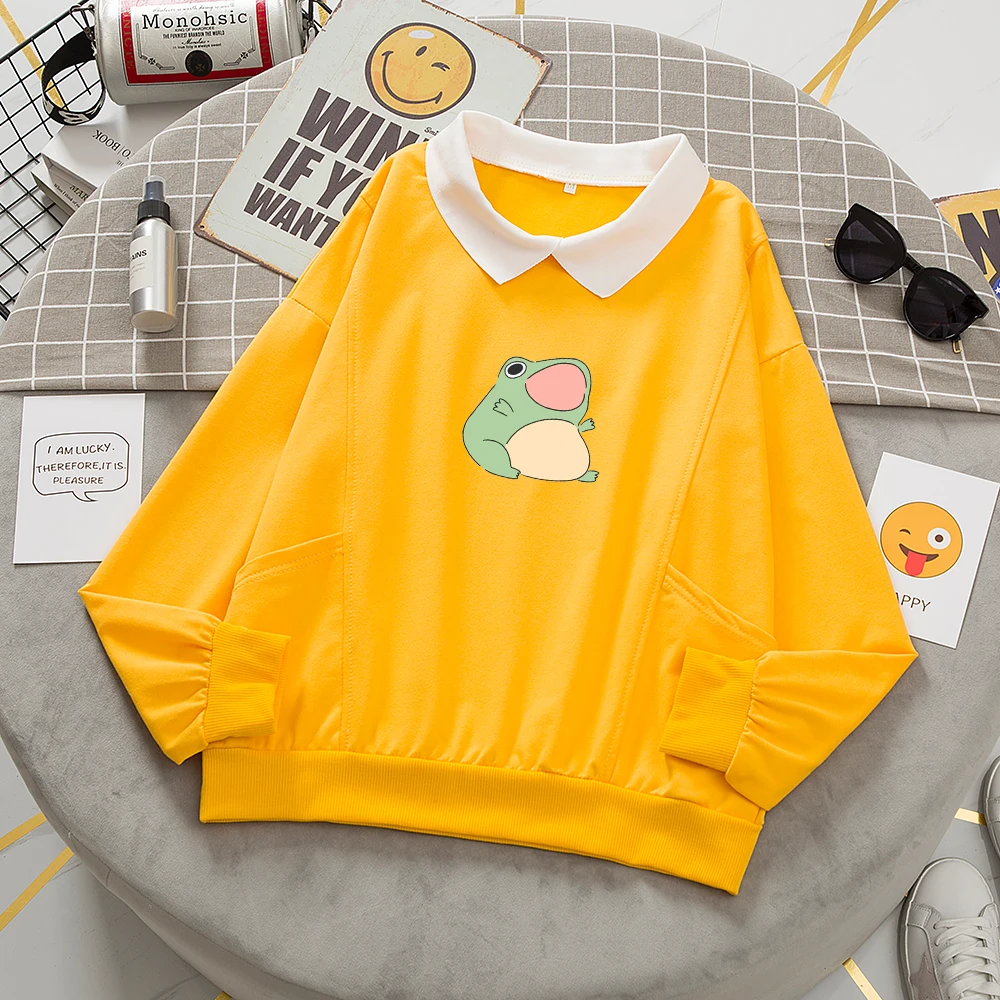 Cute Sweatshirt No Hood Sweetshirt Kpop Clothes Hoodies Kawaii Frog Printing Cotton Thin Long Sleeve Shirt with Hoodie for Women
