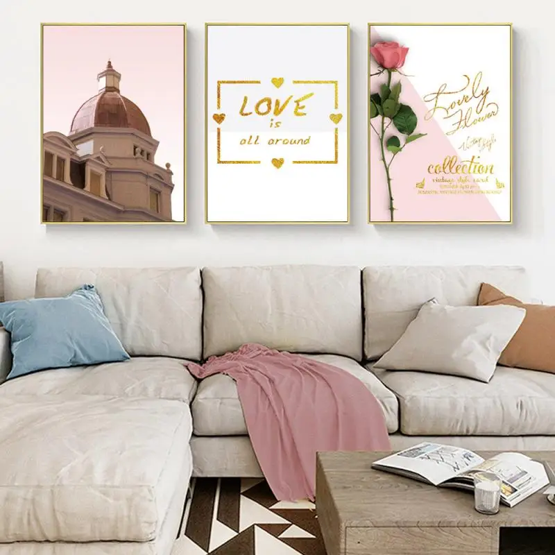 

Nordic Simple Poster Love Pink Rose Castle Canvas Picture Home Decor Living Room Bedroom Background Wall Decoration Frameless