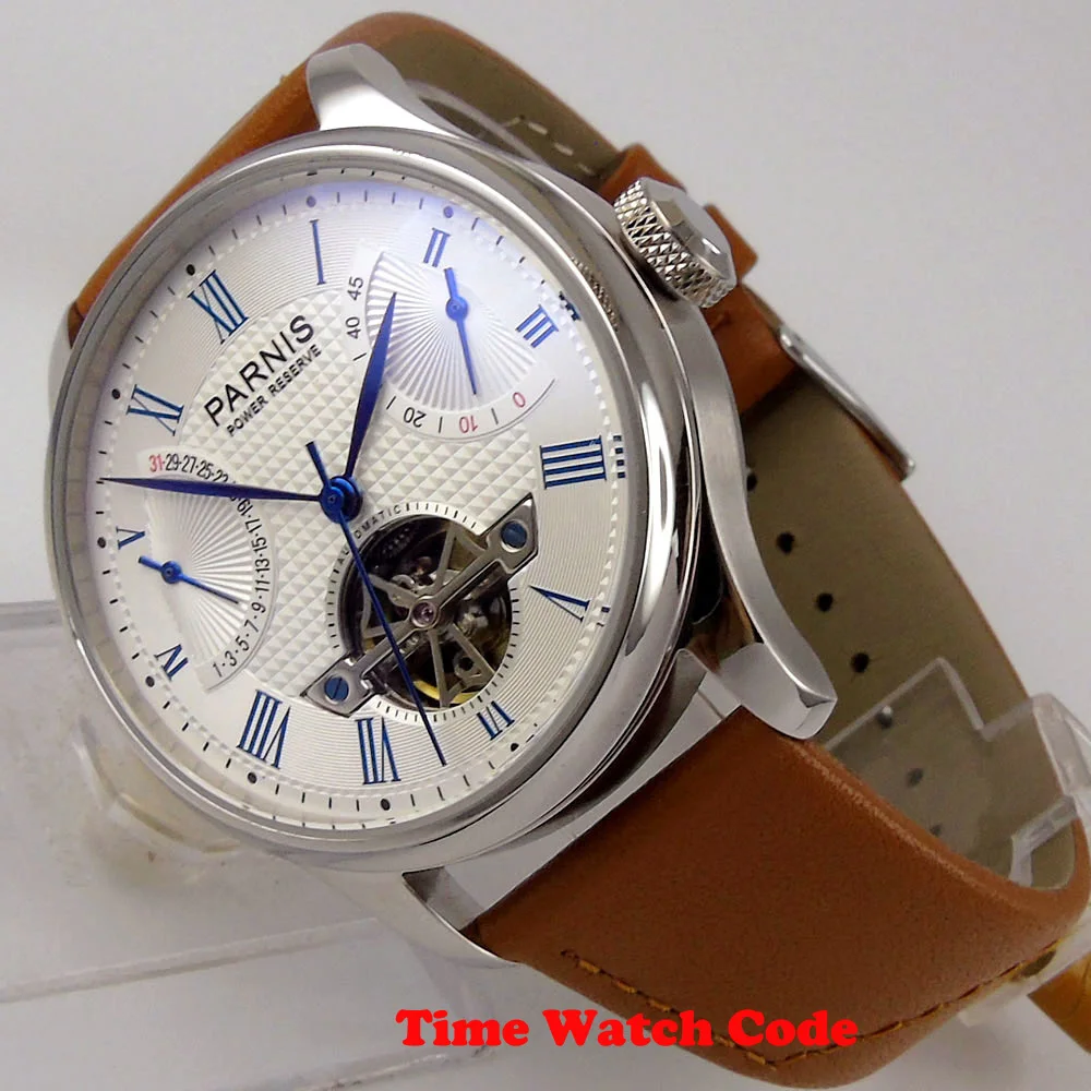 Мужские автоматические часы PARNIS с маховиком белый циферблат индикатор заряда даты полированные синие