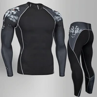 man sportswear tracksuit 2pc set compression pants running tights training shirt mma wolf head track suit gym sweat sport set