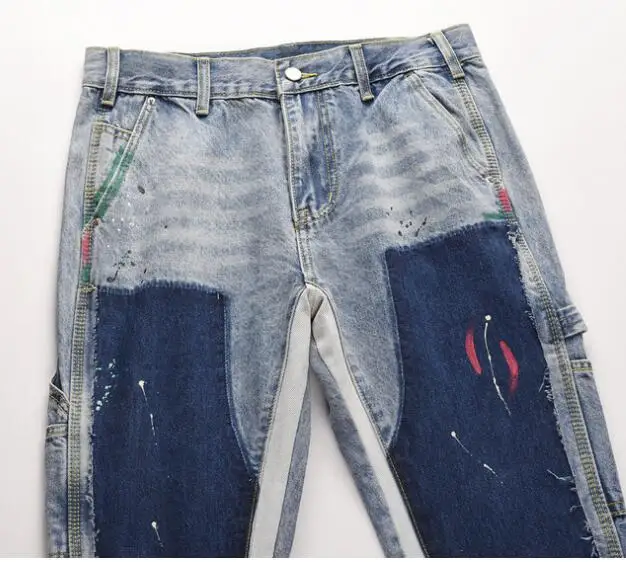 Mens Splash Ink Wash Ripped Flared Jeans Wide Leg Denim Pants Flare Jeans Retro Casual Jeans High Street Spliced Men Jeans