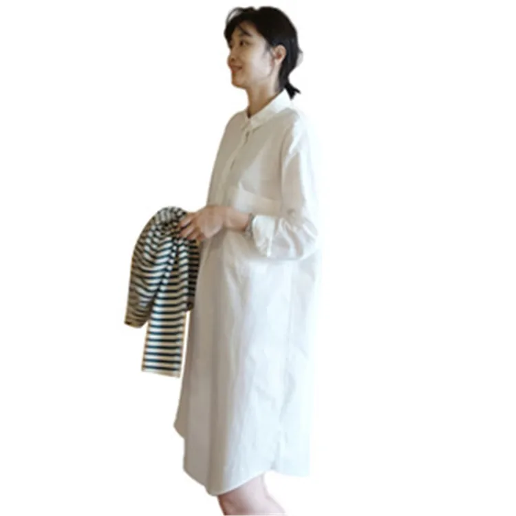 

New Solid Turn Down Collar Shirt Loose Full Mid-length Bottomed Blouse Women