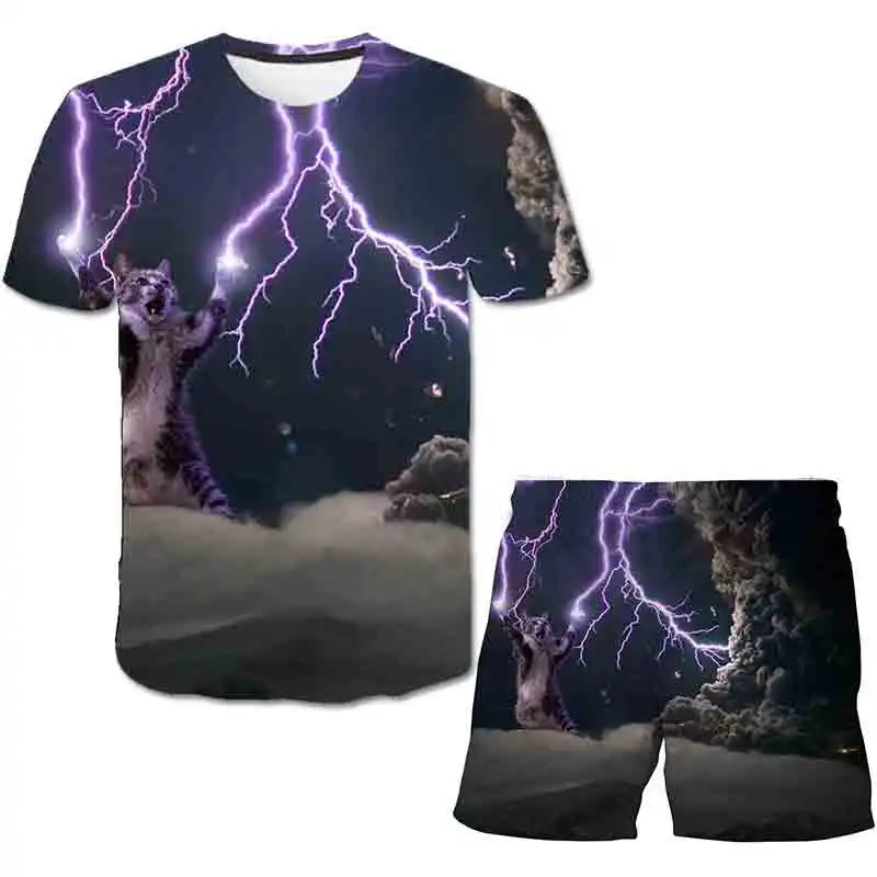 

4-14Y Kids Boys T-shirt New animal cat Design children Cotton Summer Clothing Fashion T-shirt+short pants Cute Children Clothes