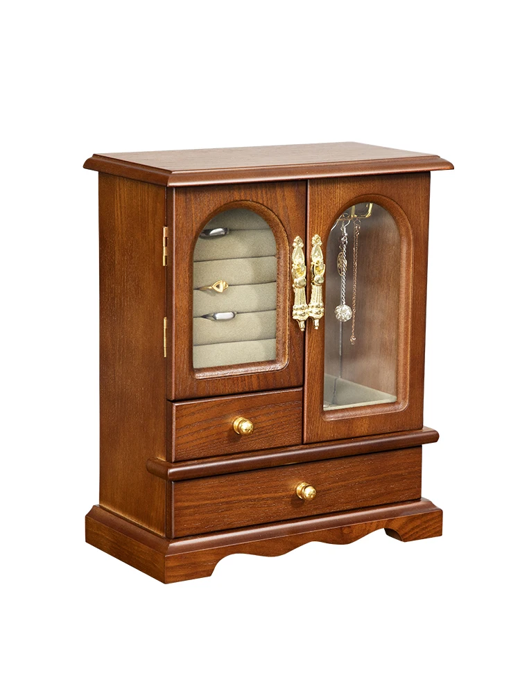 Retro Solid Wood Cabinet Jewelry Box Earring Earrings Storage Necklace Ring Household Large Capacity