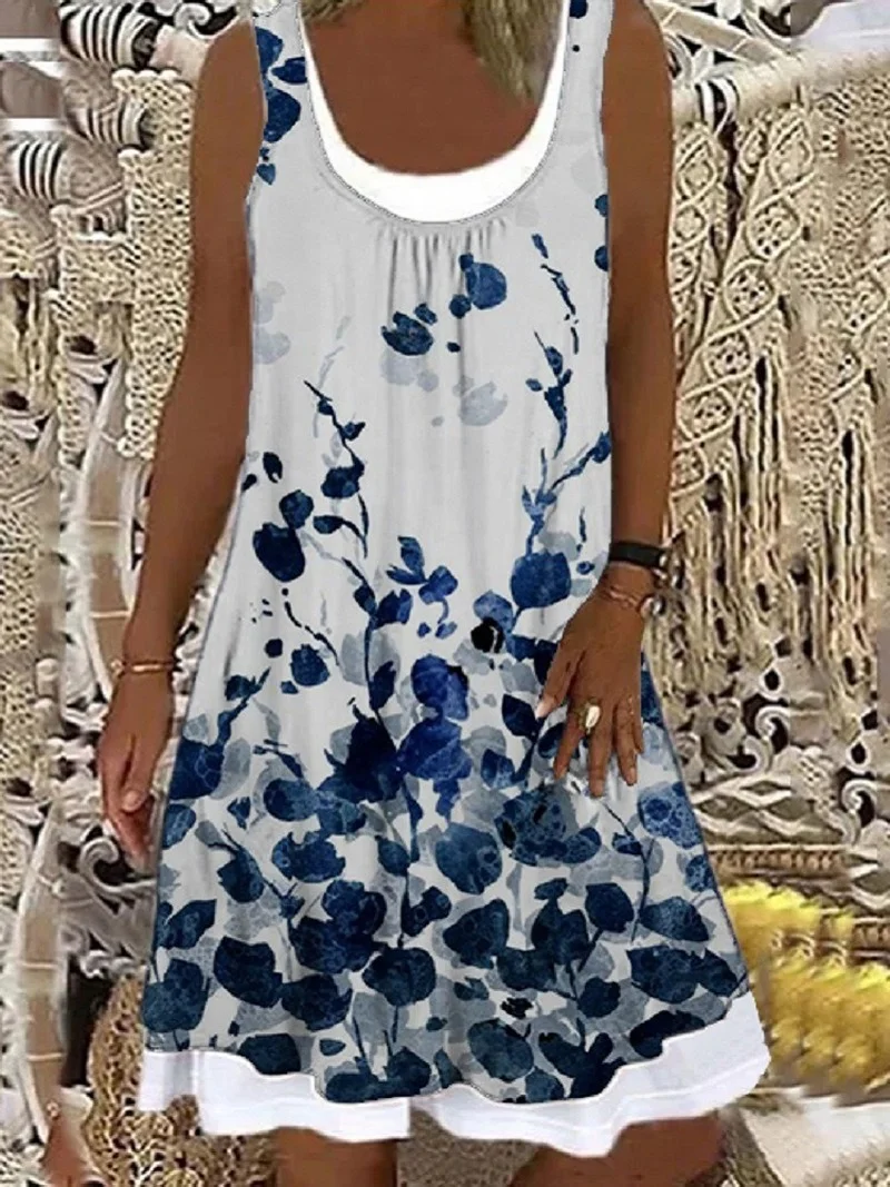 

Women Summer Casual Digital Print Sleeveless Dress 2021 Ladies Elegant O Neck Loose Mini Dress Streetwear Plus Size Retro Dress
