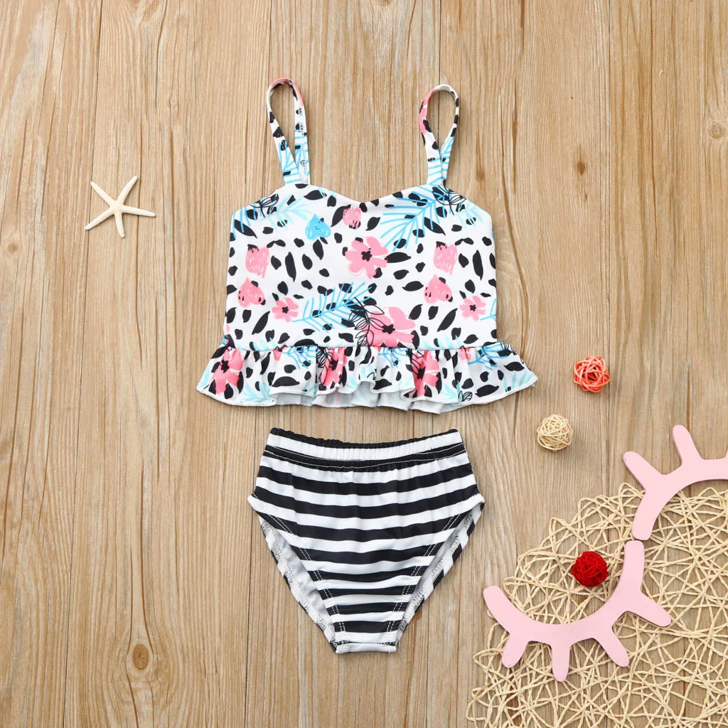 

Toddler Baby Girls Swimwear Floral Print Bikini Ruffles Swimsuit Striped Pants Kids Two Piece Beach Summer Swimming Beachwear