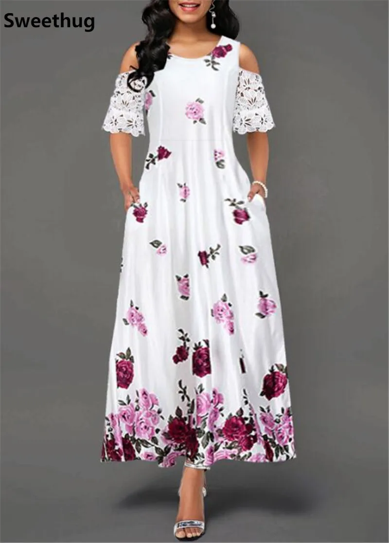 

Summer Dress Women 2020 Casual Slim Floral Print Ball Gown Maxi Dress Elegant Sexy Off Shoulder Lace Long Party Dress