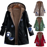 vintage loose hooded print zipper coat 2021 winter casual warm fleece pocket oversize outerwear plus size parka long jacket
