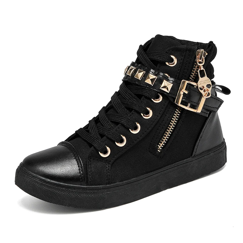 

YeddaMavis Black Women Shoes White Rivet High Top Canvas Shoes Women Sneakers New Korean Side Zipper Womens Shoes Woman Trainers