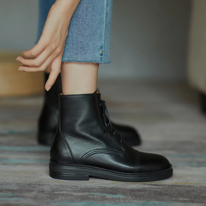 

FEDONAS Concise Classic Ankle Boots For Women Cross Tied Genuine Leather Round Toe Shoes Woman 2021 Winter Basic Warm Boots