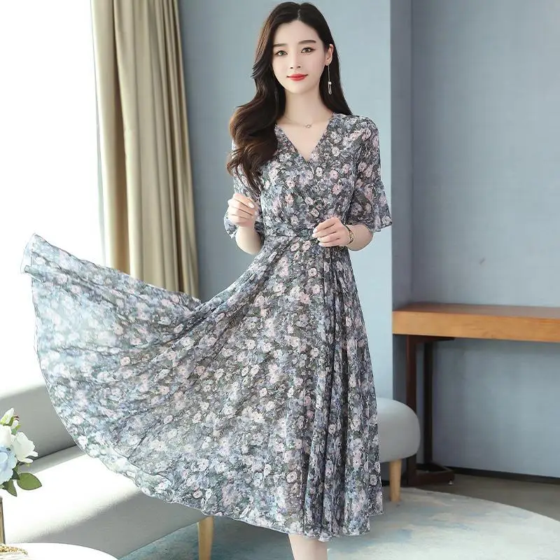 

Женское шифоновое платье до середины икры, элегантное шифоновое платье с V-образным вырезом и расклешенными рукавами, модель SS3142 на весну и ...