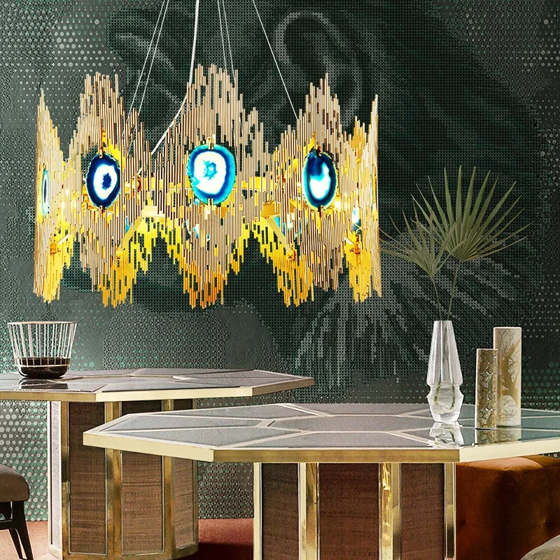 LUKLOY Современный золотой потолочный люстра светильник из агата с освещением на светодиодах, подвесная лампа для внутреннего освещения столовой.