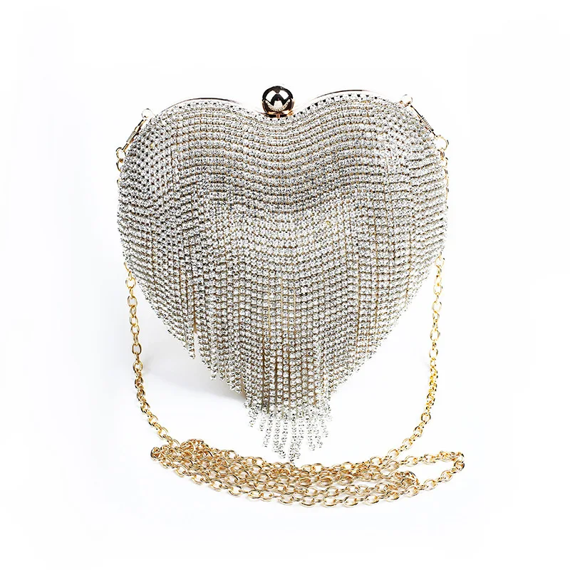 

Fashion Women Tassel Evening Bags Heart Shaped Crystal Diamonds Clutch Wedding Purse Shoulder Party Ladies Luxury Purse X53HT