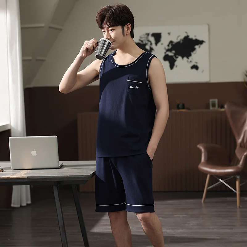 Летняя темно-синяя повседневная спортивная одежда модель 4XL Пижама для мужчин