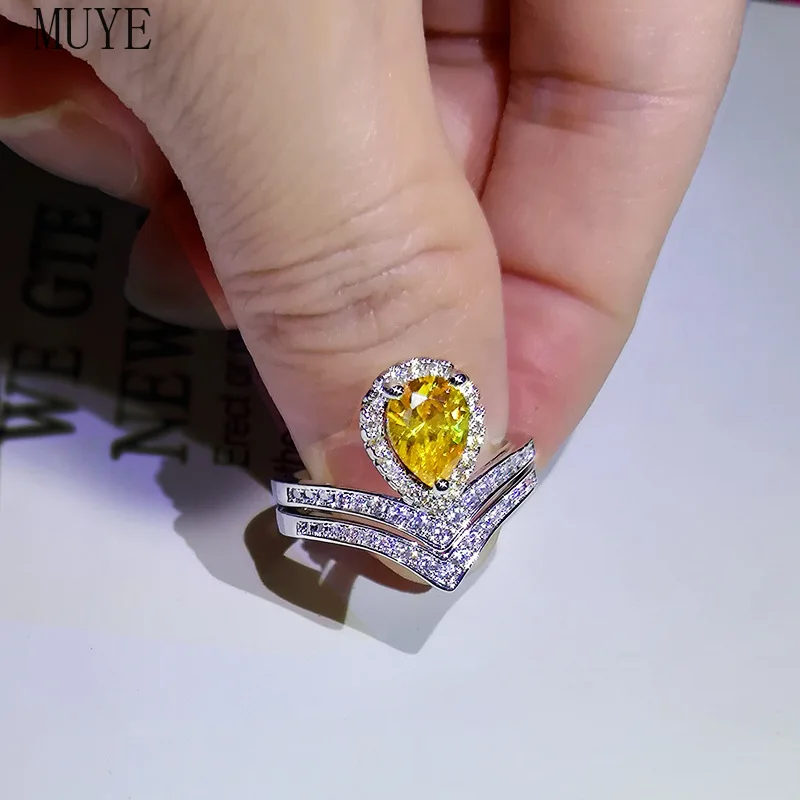 

Muye 2 In 1 Rings 925 Silver Shining Yellow Zircon Princess Crown Ring for Women's Wedding Engagement Ring Fashion Jewelry