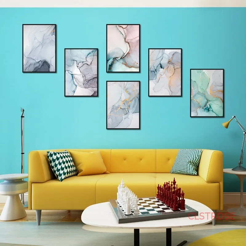 Абстрактная Скандинавская Плакаты и принты синяя акварель розовый холст Картина