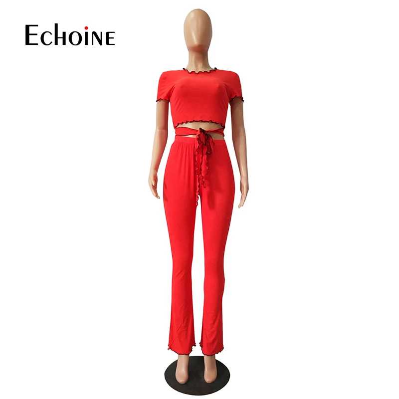 

Echoine New Summer Two Pieces Sets Tracksuits Lace Up Ruffles Tops+Pants Suit Sporty Fitness Night Outfits Matching Sets Clothes