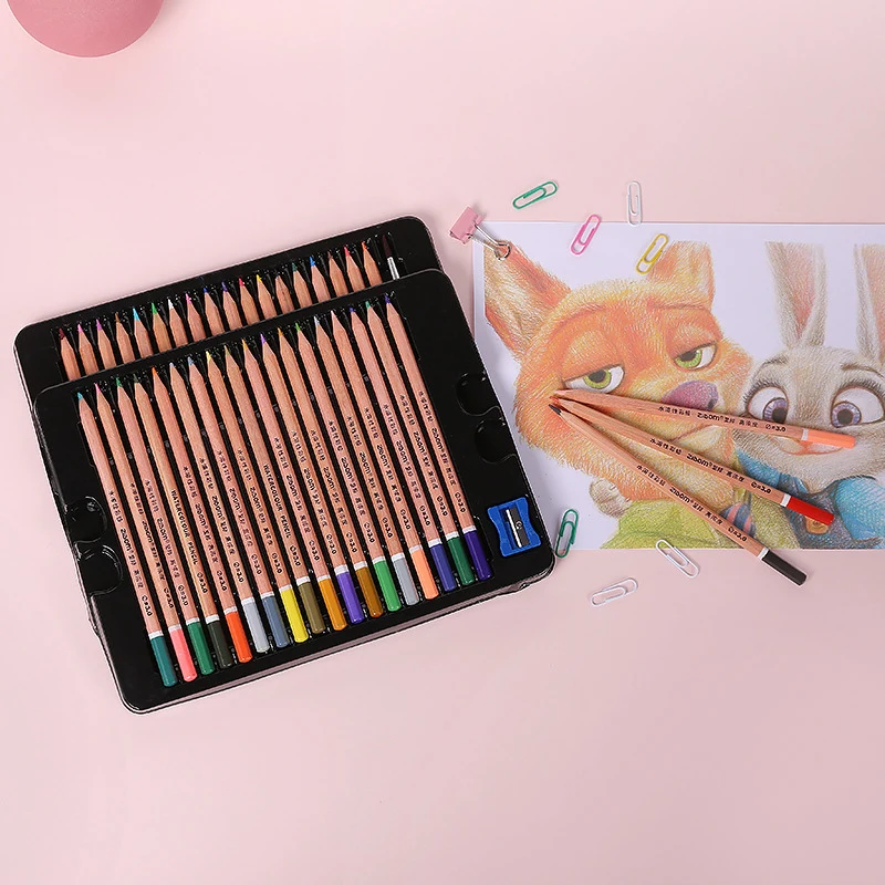 Карандаши цветные растворимые в металлической коробке 36 цветов | Канцтовары для