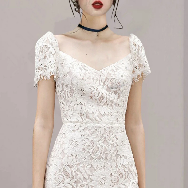 

Women's Dresses High Waist V-neck Vintage Office Summer Lace Dress Elegant Slim A-line Casual Party Office Lady Vestidos TA8325
