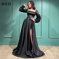 JEHETH Black High Split Satin Prom Dress 2022 Square Collar Puff Long Sleeves Saudi Arabia Dubai Party Evening Gown Floor Length