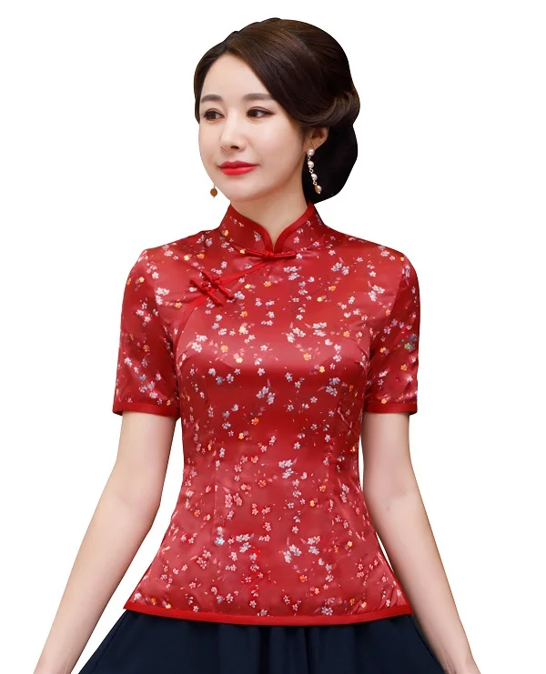 Шанхай история цветочный Cheongsam рубашка Qipao топ с рукавом 3/4 Китайский традиционный топ из искусственного шелка китайская блузка для женщин - Цвет: 9120