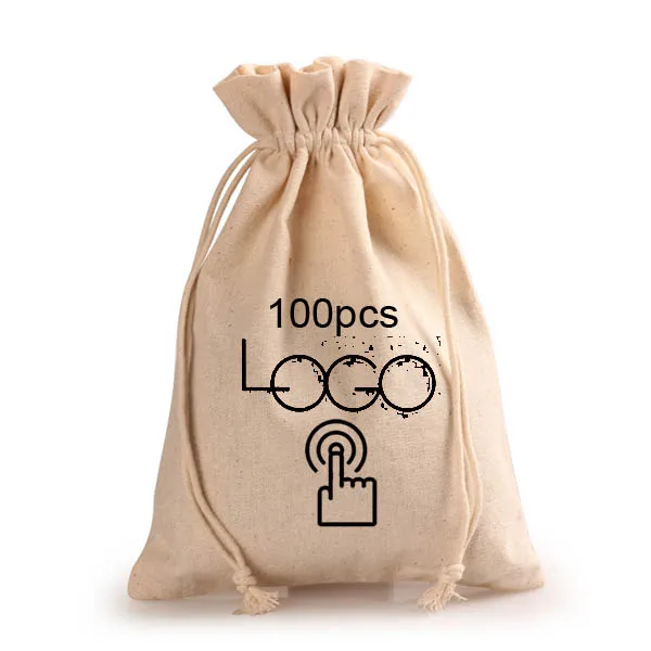 100pcs logo bag Натуральный лен подарочная упаковка мешок 8x11 см x 9 см x 12 см x 10x15 см(13x17 см Упаковка из 50 вечерние мешок для конфет ювелирные изделия из натурального джута мешок Drawstring - Цвет: 100pcs logo bag