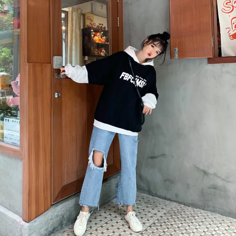 Женская свободная толстовка с длинным рукавом корейский пуловер буквенным