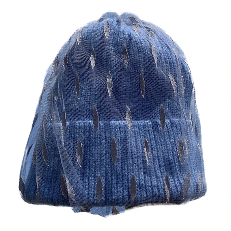 

Women Winter Warm Knitted Beanie Hat Leaves Mesh Veil Stretch Cuffed Skull Cap