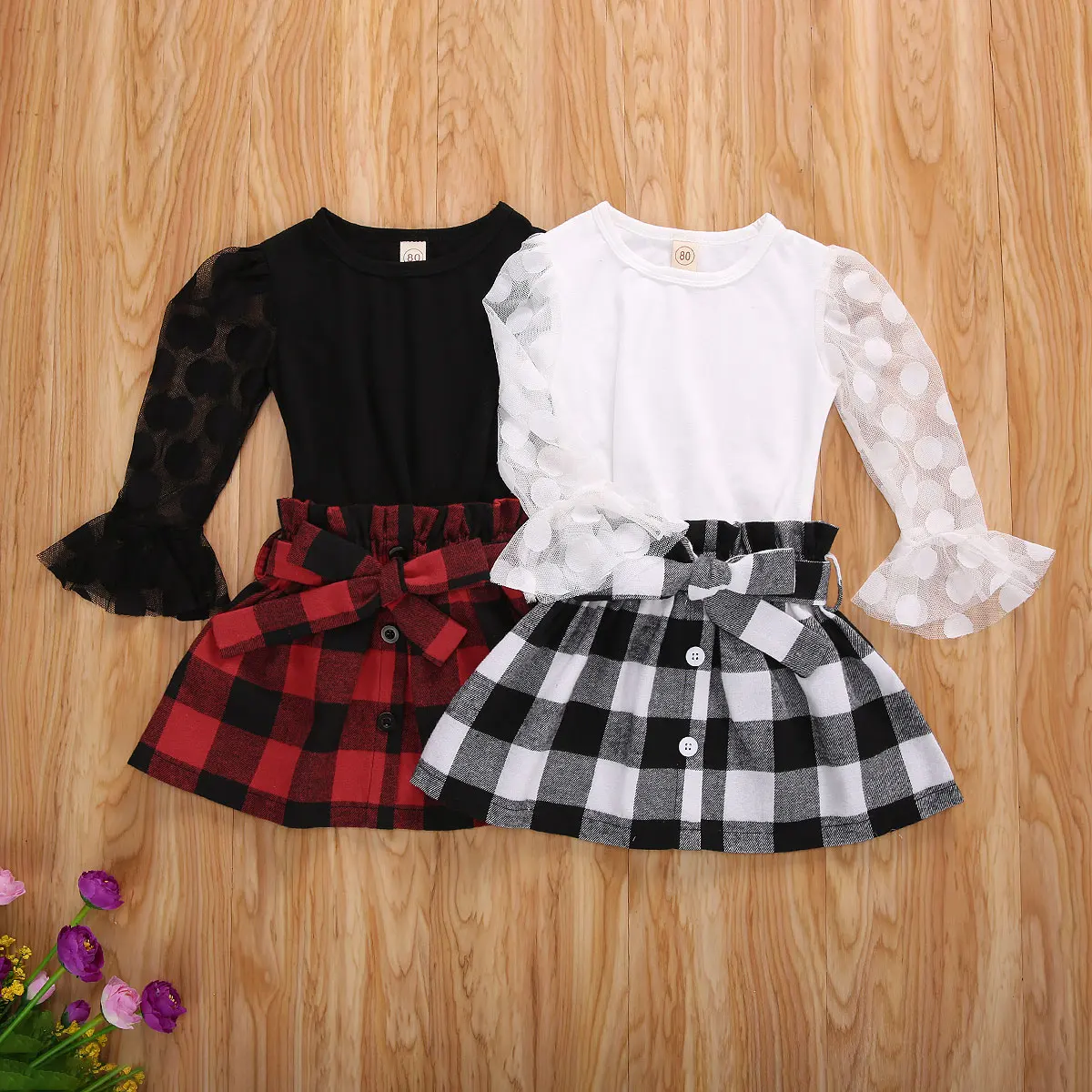 

AutumnChildren Girls Clothing Sets Kids Girls Lace Mesh Flare Sleeve T-shirts+Plaid A-line Skirts Xmas Clothes 1-6Y
