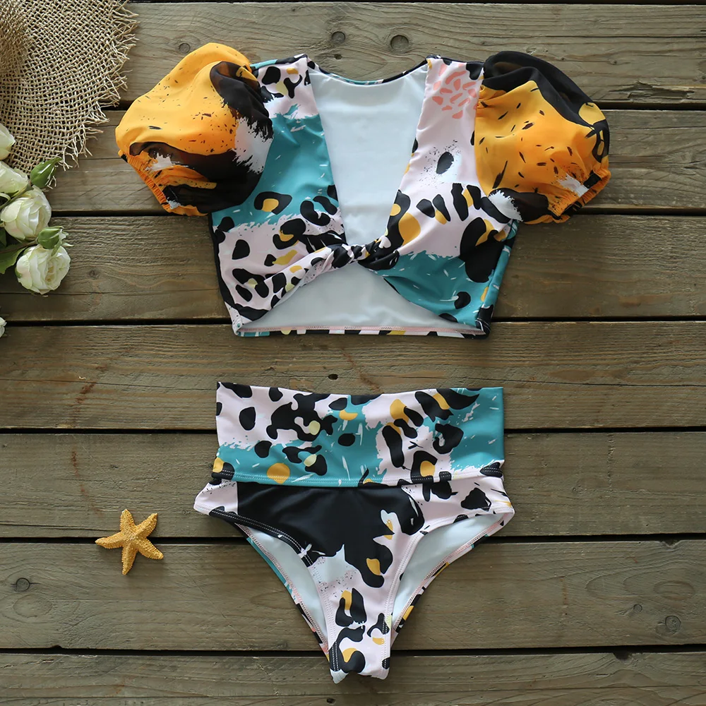 Сексуальный женский комплект бикини с пышными рукавами Купальник бандо принтом