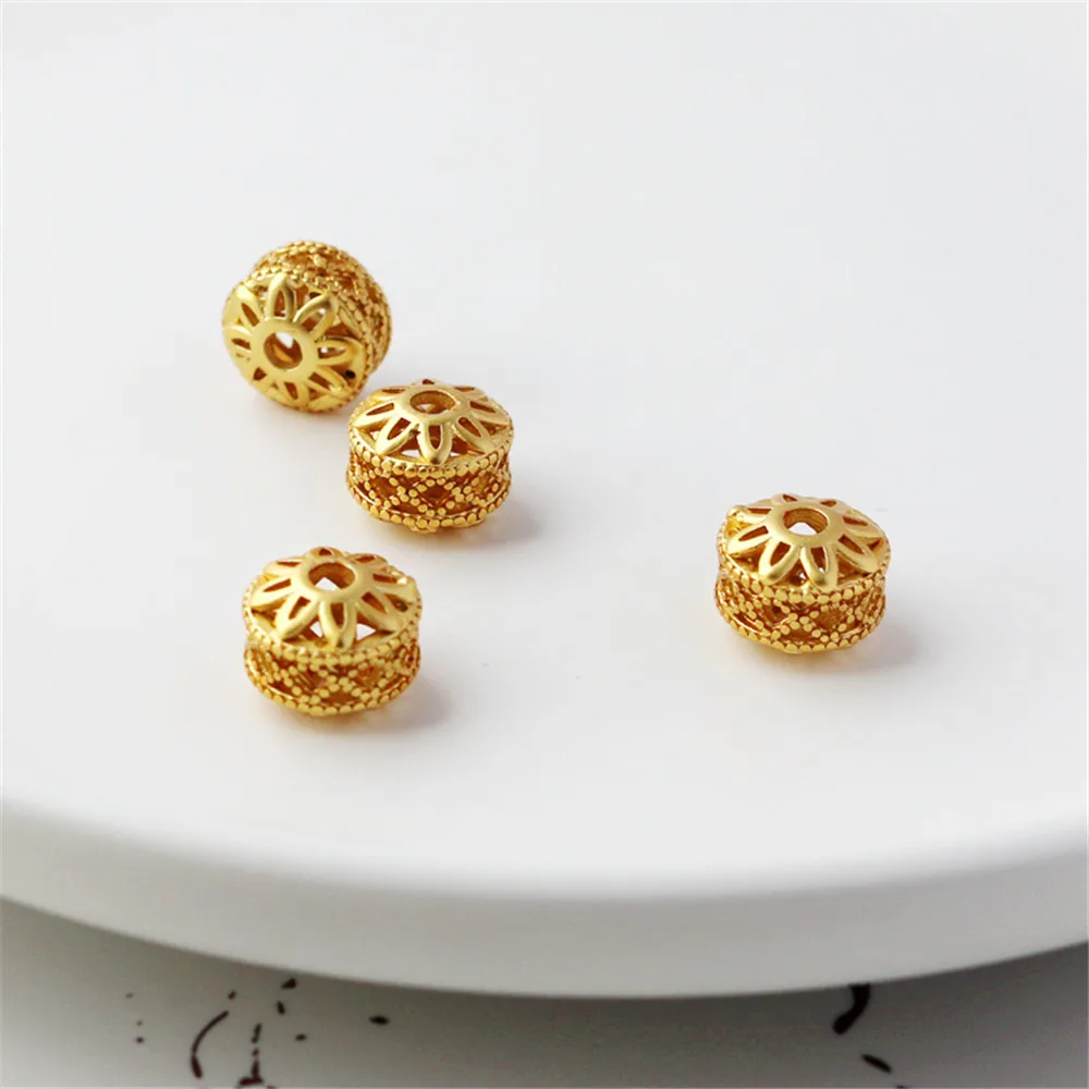 

18K Gold Plated Dumb gold hollow out pattern retro wind drum beads barrel beads 8*10mm lace beads diy ornaments loose beads