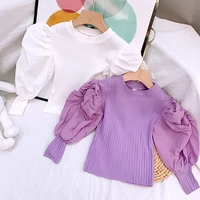 spring autumn girls t shirt baby tee kids tops children streetwear clothes puff sleeve patch pleated vertical knit 2 to 7 yrs