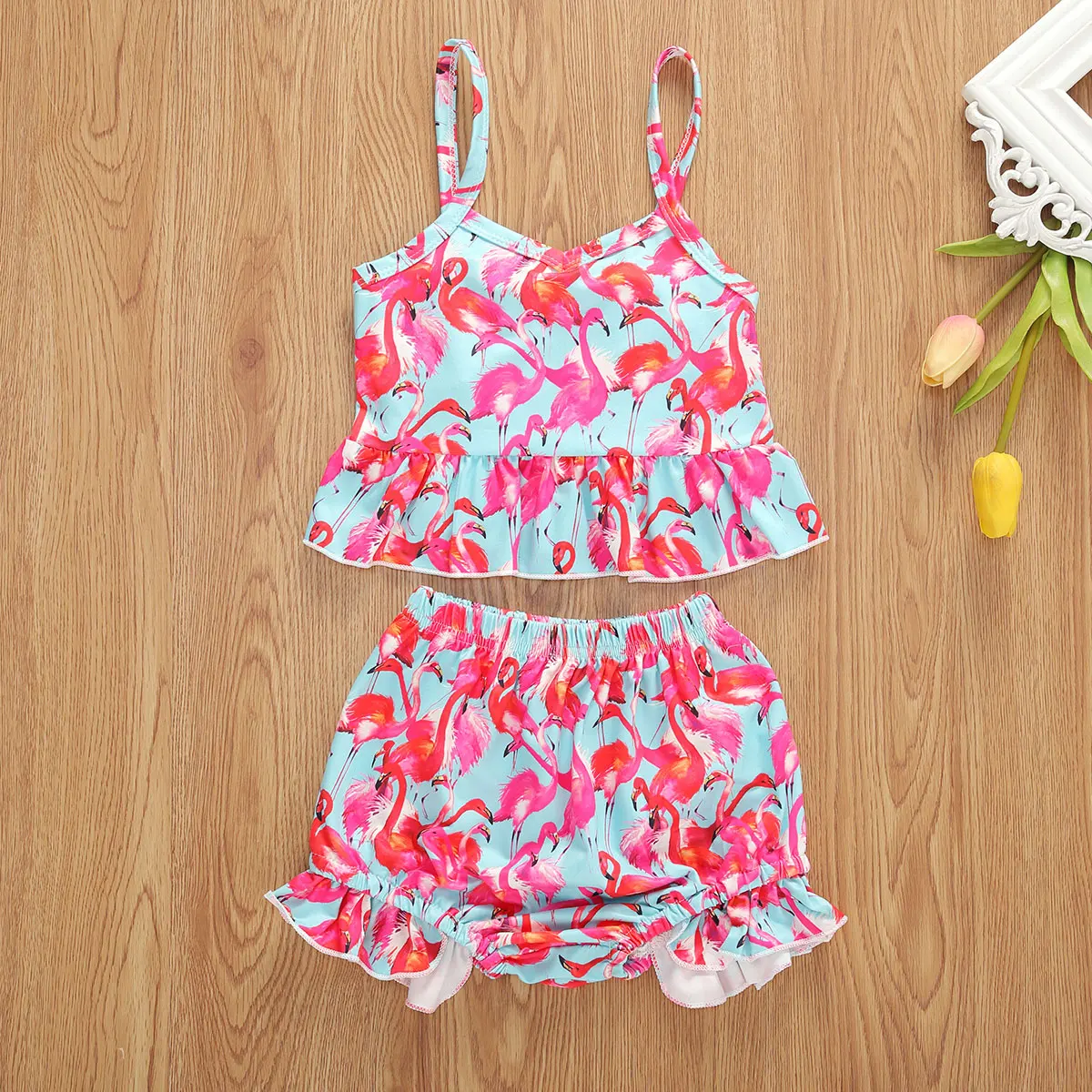 6M-4T Children Fashion Print Two-piece Outfit Ruffle Tank Top Shorts Casual Style Clothes 2Pcs | Детская одежда и обувь