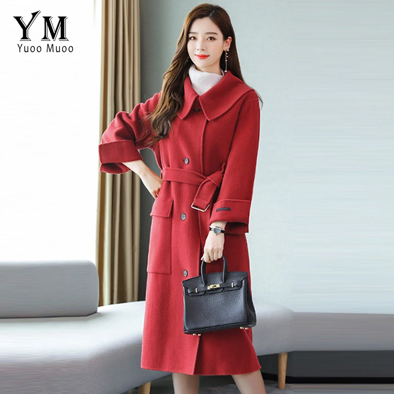 

Женское длинное шерстяное пальто YuooMuoo в Корейском стиле с отложным воротником, элегантное красное однобортное Женское пальто с поясом