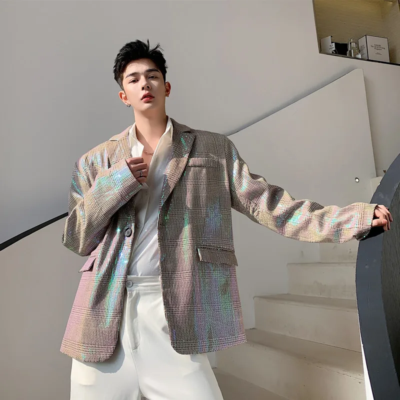 Male Stage Fashion Show Clothing Spring Autumn Suit Jacket Overcoat Men Vintage Shining Plaid Casual Loose Suit Blazer Coat