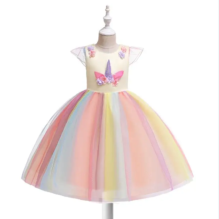 

Летнее платье для девочки с рукавом «летучая мышь», милое детское цветное платье-трапеция с вышивкой единорога для принцессы