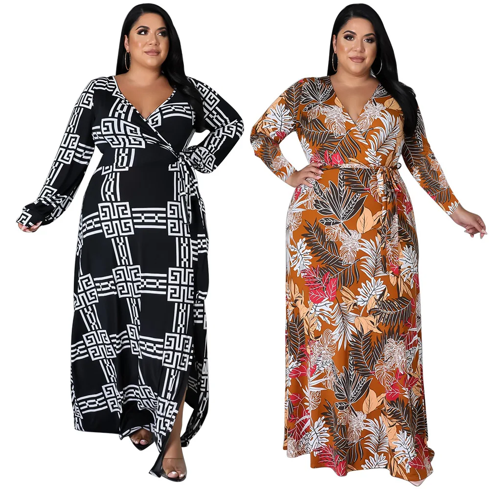 

Plus Size Printed Floor Dress Collect Waist Oversized Clothing Maxi Dresses for Women Autumn Clothes Trendy Vestido Feminino