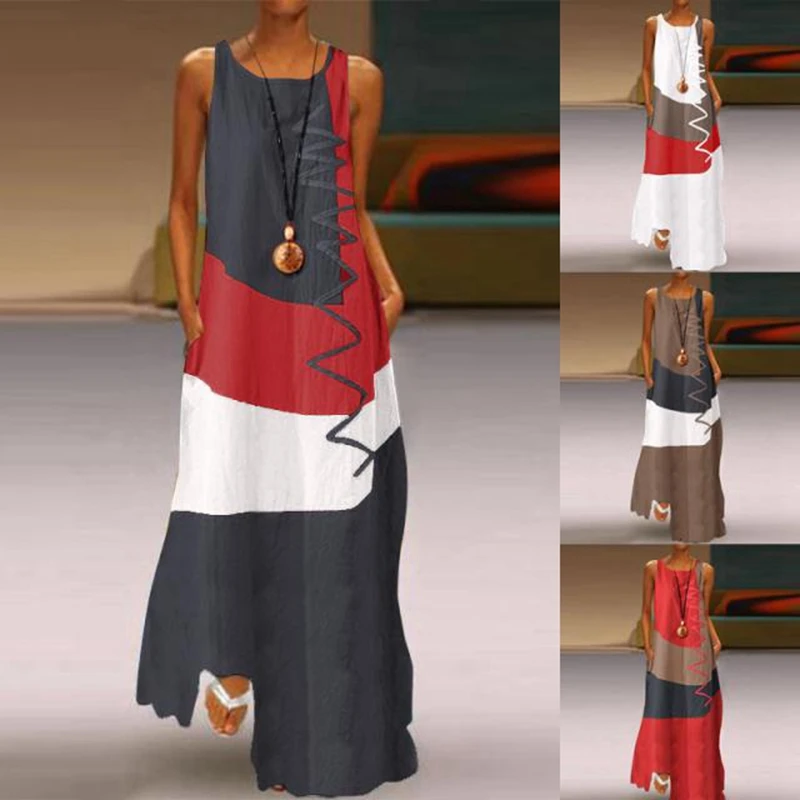 

Summer Vintage Long Maxi Dress for Women Lady Vintage O Neck Sleeveless Patchwork Dress Irregualr Robe