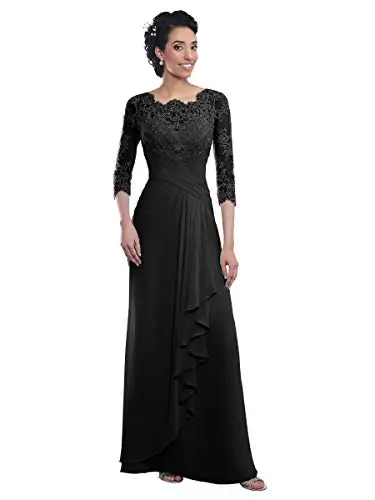 

Women's 3/4 Sleeves Ruffle Lace Applique Mother of The Bride Dresses Long A Line Maxi Chiffon Formal Prom Gown plus size
