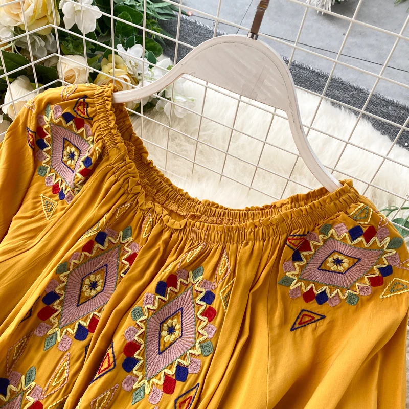 

YIZZHOY Summer New Women Bohemian Embroidery Lantern Sleeve Short Dress Ladies Geometric Pattern Ethnic Style Loose Dresses